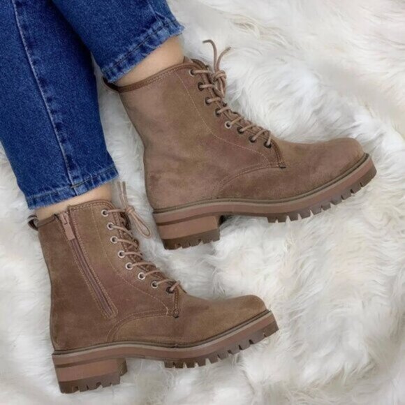 "Best of Luck" Khaki Combat Lace-up Suedette Booties - Picture 2 of 16